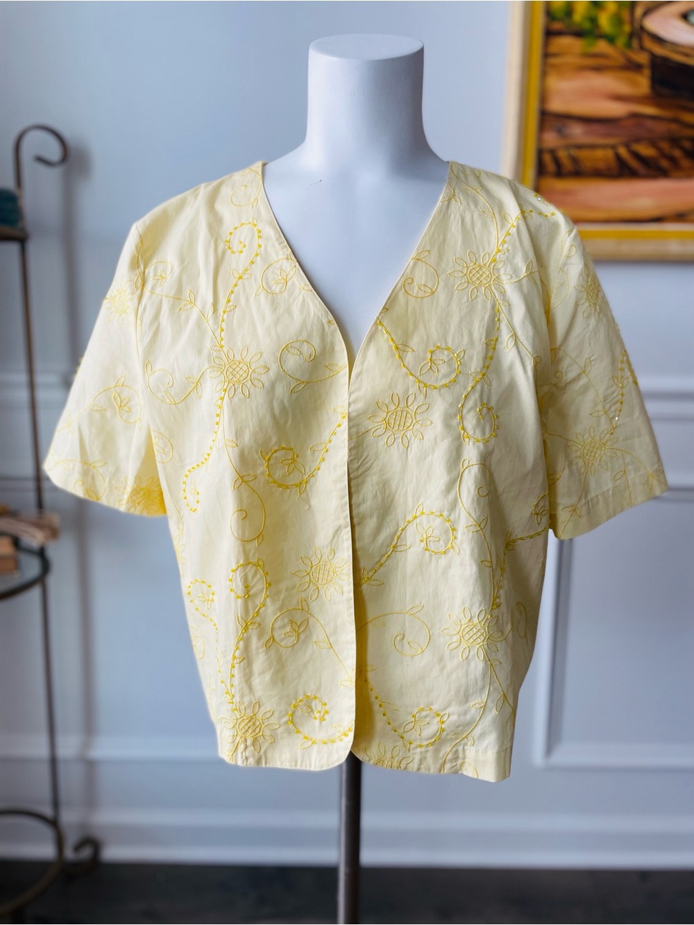 Yellow Embroidered Short Sleeve Open Blouse